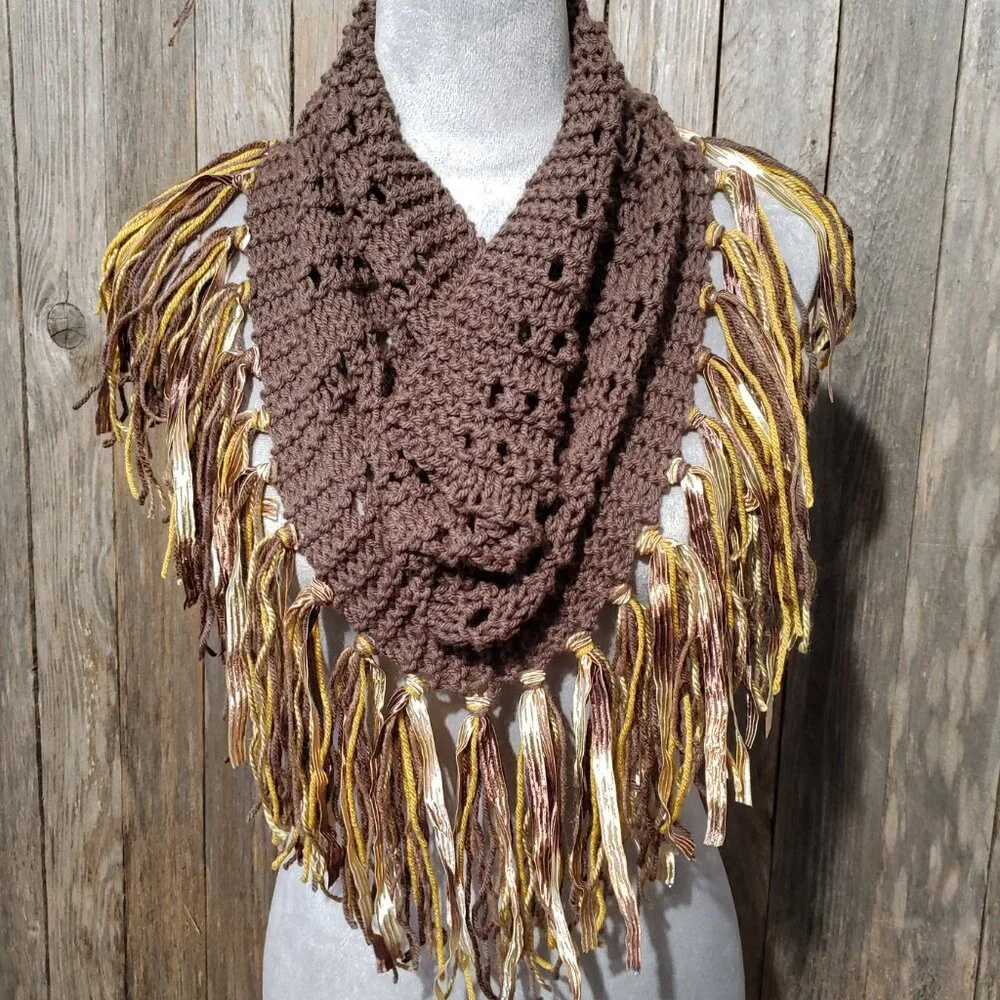 NEW Hand‎ Knitted Brown Gold Boho Cowl Scarf Fringe Eyelet Boho Cottage Earthy